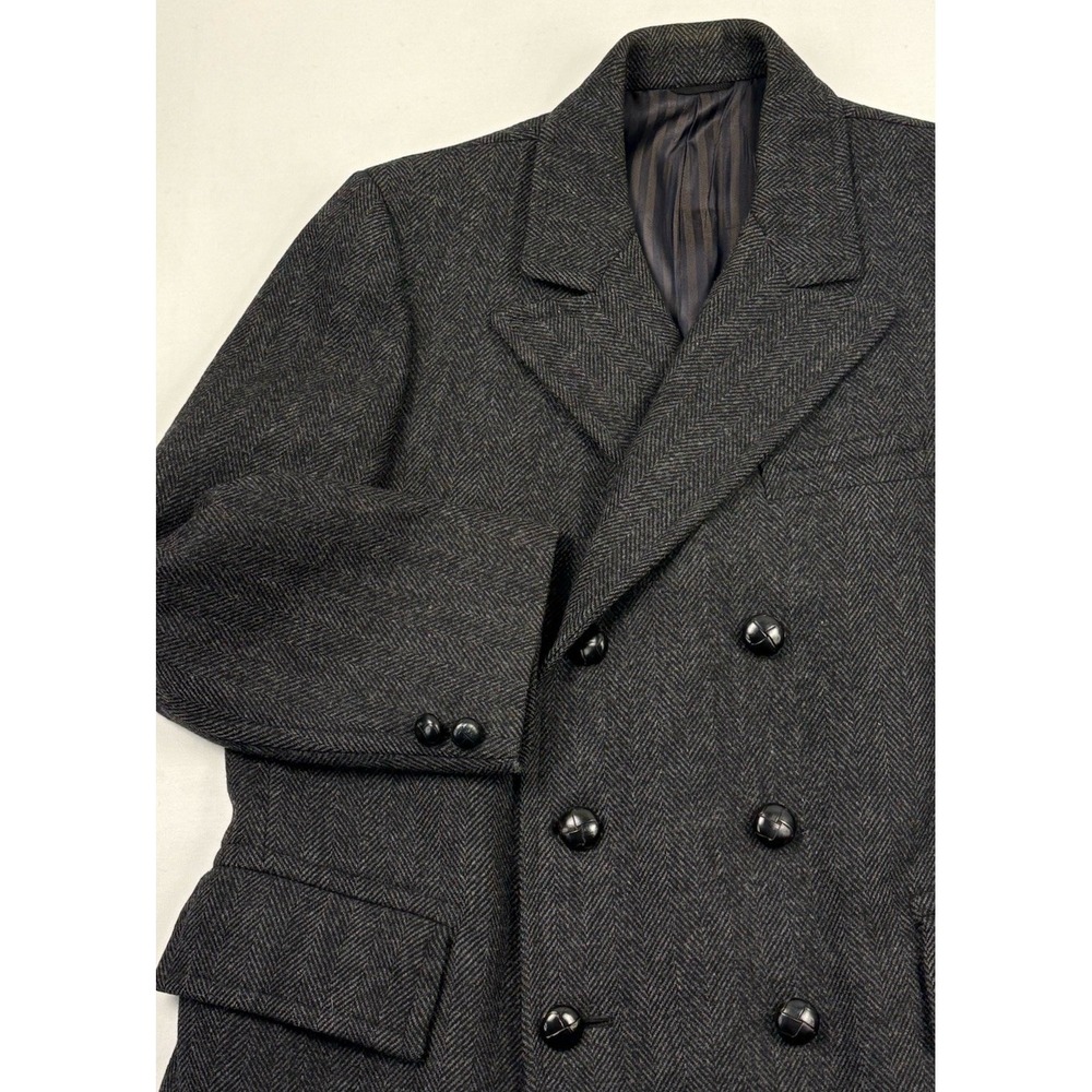 VTG 50s The May Co Wool Tweed Gray/Black Herringbone Double Breasted Overcoat M